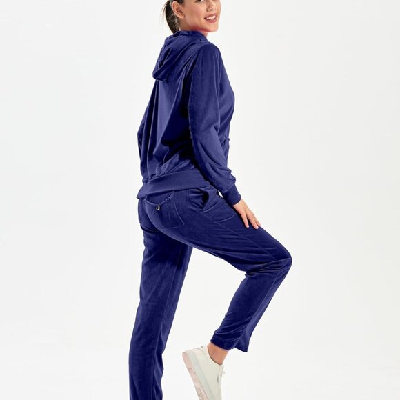 Versatile Women's Navy Velvet Tracksuit Set - Full Zip-Up Hoodie & Sweatpants - Picture 3 of 7